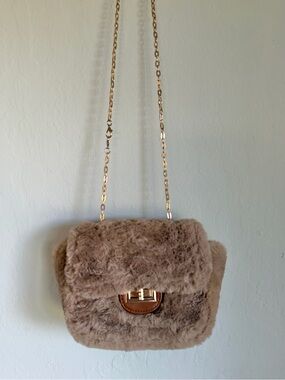Kiss Me Couture Faux Fur Tote Bag in Light Brown Gold Chain Flap Top, NWT